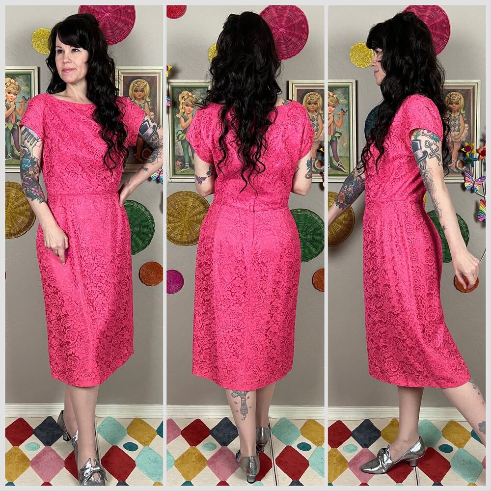 Vintage 1960s Pink Floral Lace Short Sleeve Sheath Dress - Picture 3 of 8